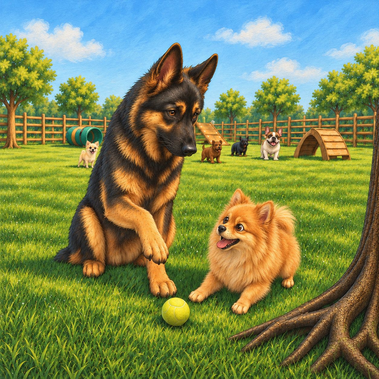 Bailey and Barnaby beside a tennis ball at the dog park